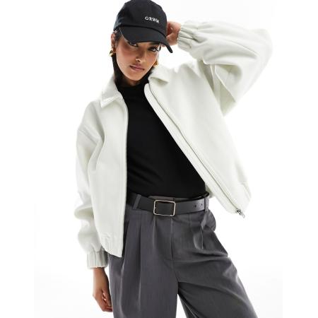 ASOS DESIGN Bomberjack met textuur en kraagdetail in ecru-Wit