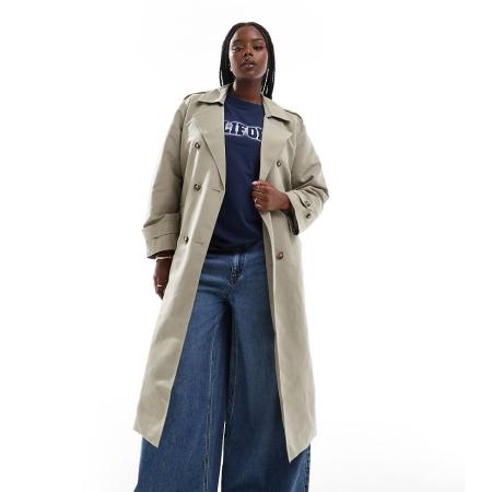 Vero Moda Curve Trenchcoat met lange pasvorm en ceintuur in stone-Neutraal