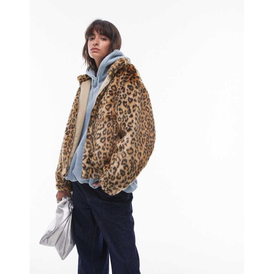 Topshop Bomberjack van imitatiebont met rits en luipaardprint in multi-Veelkleurig Multicolor