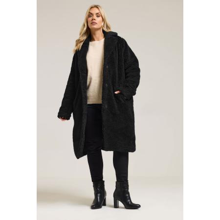 Yours Curve Zwarte Teddy Borg Midi Jas Size 46