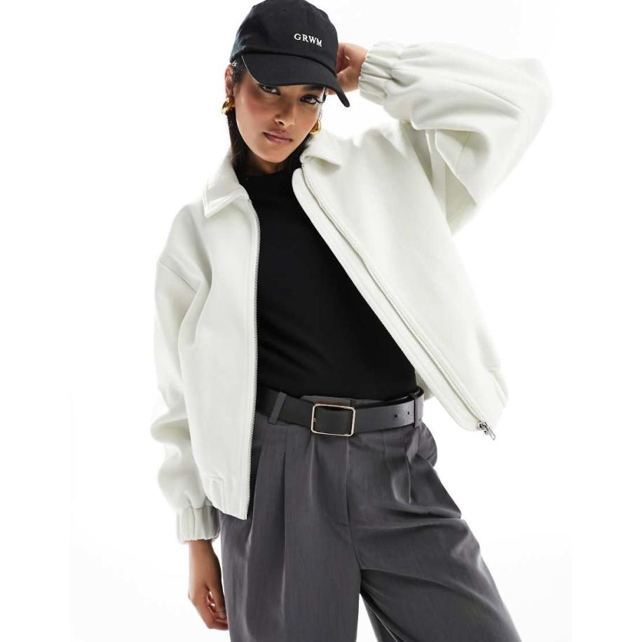 ASOS DESIGN Bomberjack met textuur en kraagdetail in ecru-Wit Wit