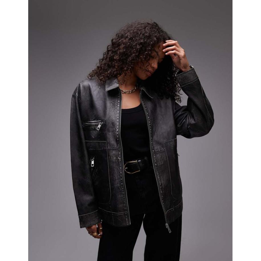 Topshop Premium Echt leren jack met rits in zwart Zwart