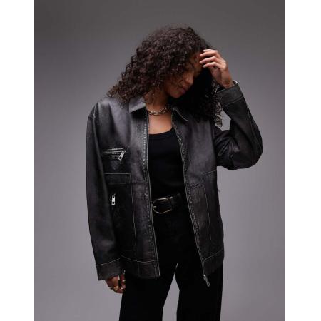 Topshop Premium Echt leren jack met rits in zwart