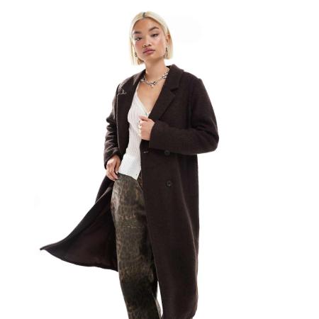 Monki Getailleerde double breasted jas met lange pasvorm in bruin