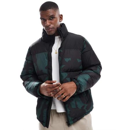 Only & Sons - Recht oversized gewatteerd jack in zwart met abstracte print-Groen