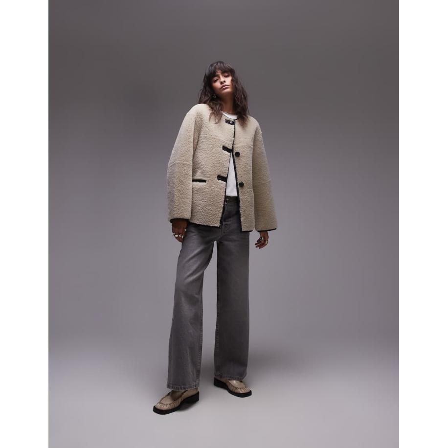 Mango Jack van imitatieschapenvacht zonder kraag in ecru met contrasterend detail-Neutraal Multicolor