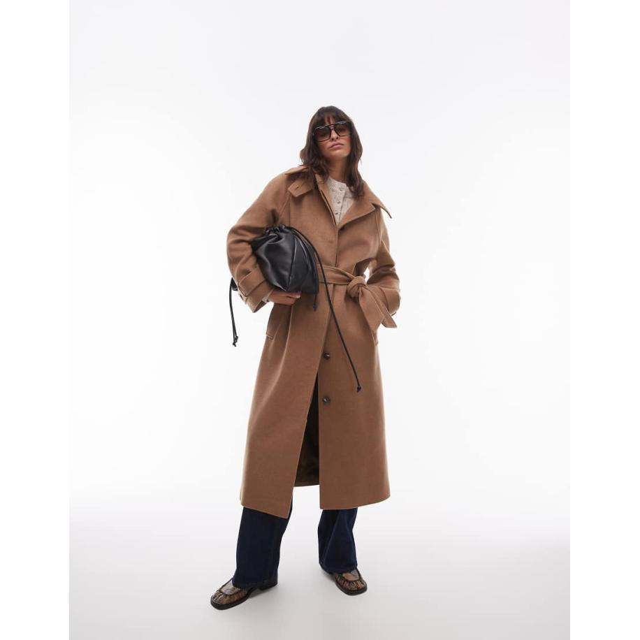 Topshop Jas van keperstof met riem in camel-Neutraal Multicolor