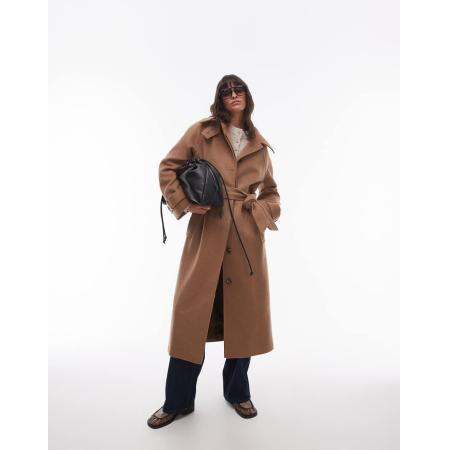 Topshop Jas van keperstof met riem in camel-Neutraal