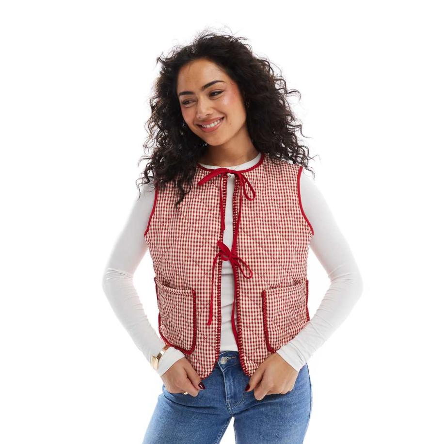 Daisy Street Doorgestikte bodywarmer in rode gingham ruit-Rood Rood