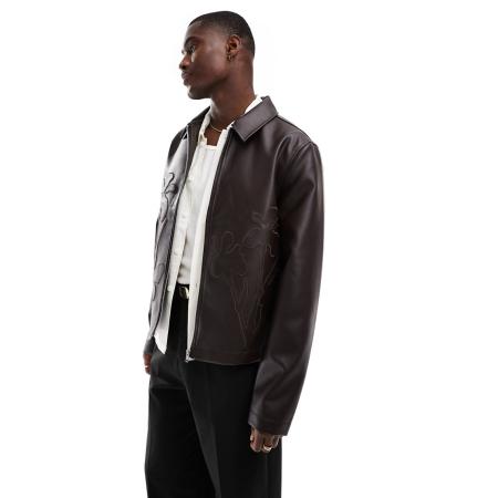 ASOS DESIGN - Cropped harrington jack van imitatieleer met gebloemd reliëf in bruin