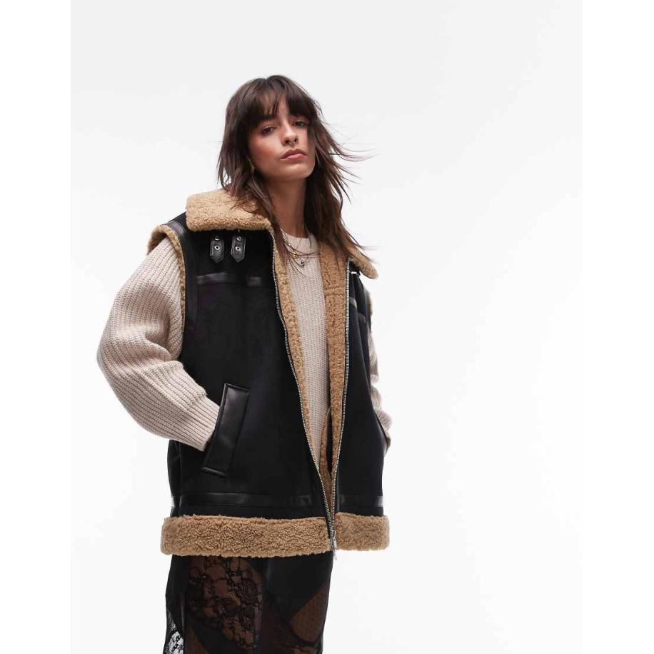 Topshop Bodywarmer van imitatiesuède en -schapenvacht in zwart Zwart