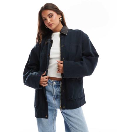 ASOS DESIGN Oversized jack met kraag van leer-look in verwassen marineblauw