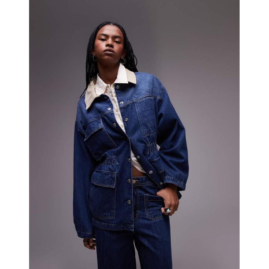 Topshop Denim jack met elastische taille en kraag van corduroy in middenblauw Blauw