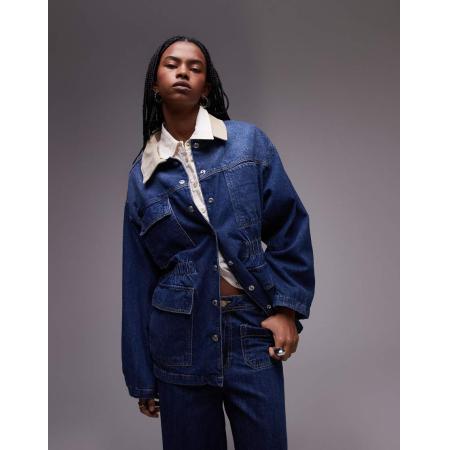 Topshop Denim jack met elastische taille en kraag van corduroy in middenblauw