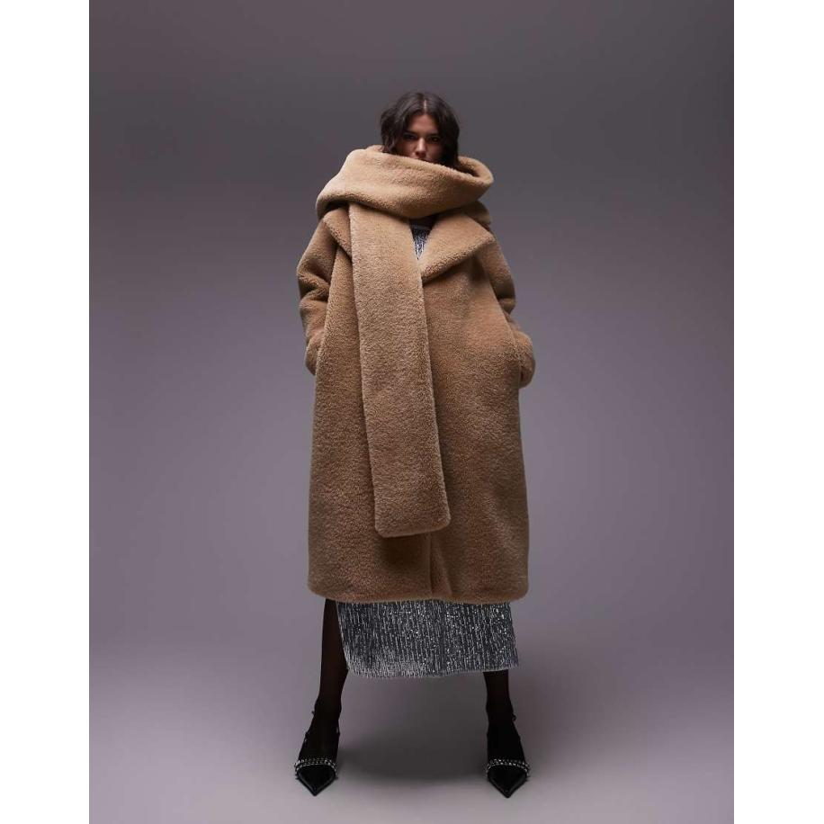 Topshop Jas van borg met capuchon in bruin Bruin