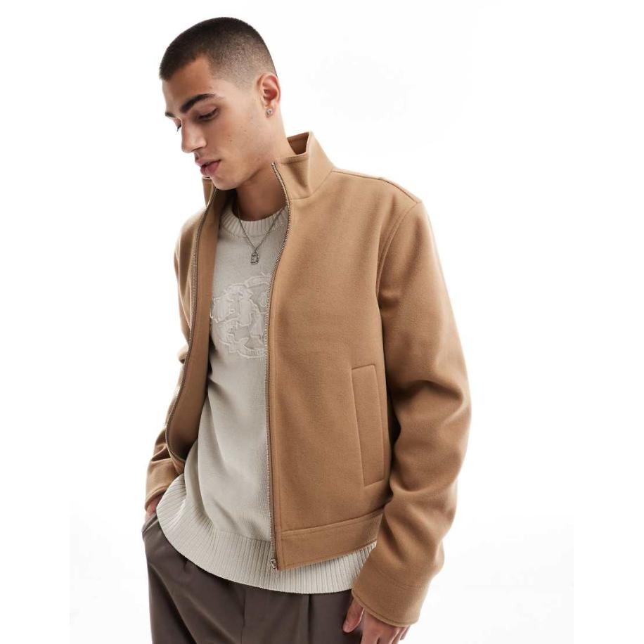 ASOS DESIGN - Harringtonjack met wollook en opstaande boord in camel-Neutraal Multicolor