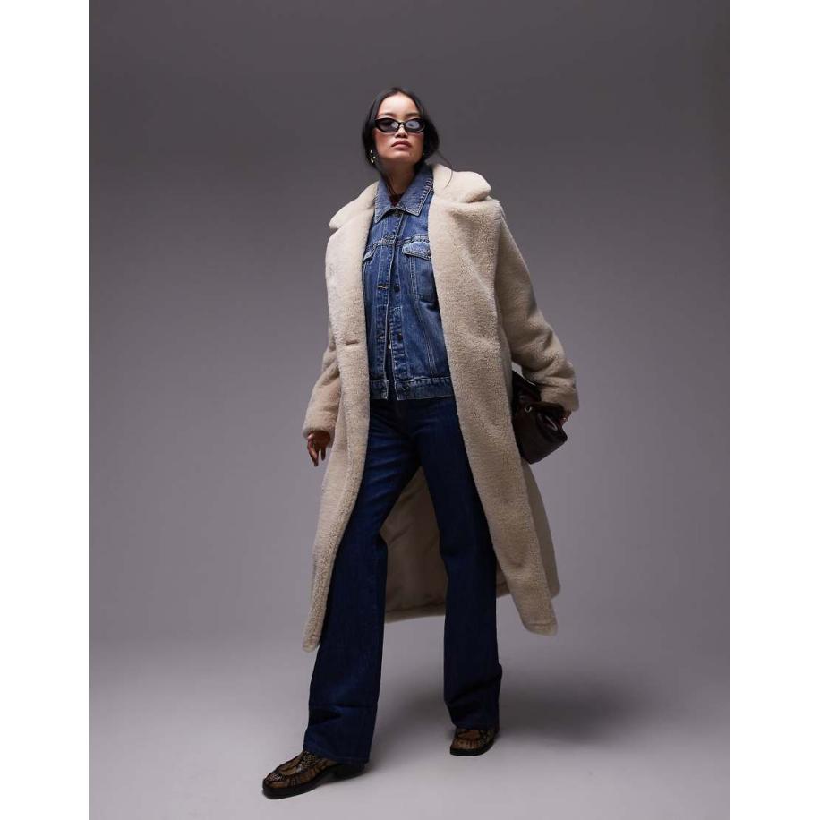 Topshop Comfortabele jas van borg met lange pasvorm in crème-Neutraal Multicolor