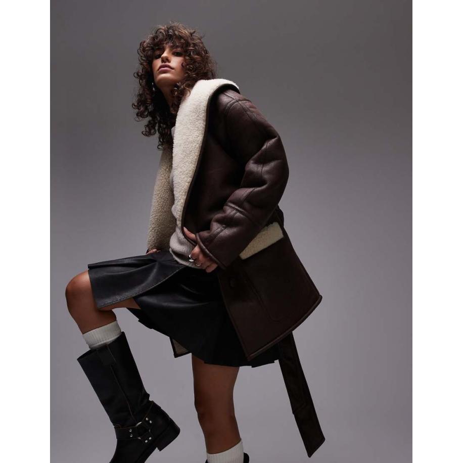 Topshop Suedette jack met ceintuur in bruin en crème-Brown Bruin