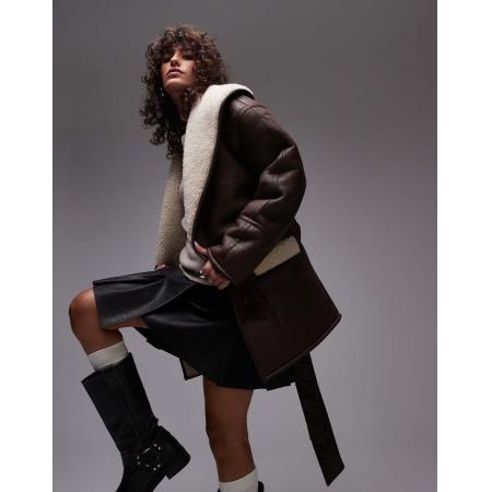 Topshop Suedette jack met ceintuur in bruin en crème-Brown