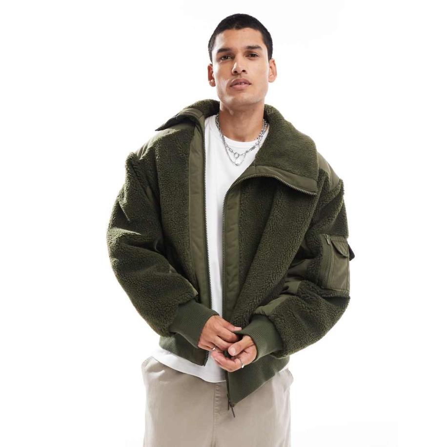 COLLUSION Pilotenjas met contrasterende panelen in kaki-Bruin Bruin