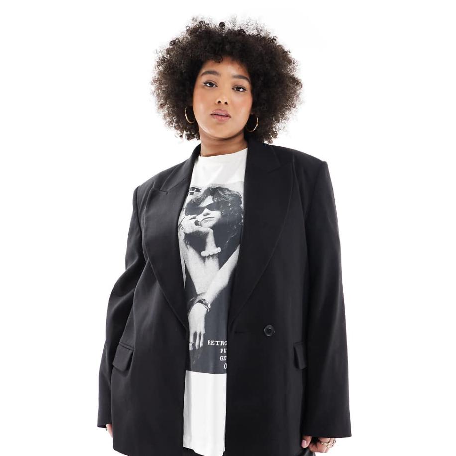 ASOS DESIGN Curve Double breasted blazer met schoudervullingen in zwart Zwart