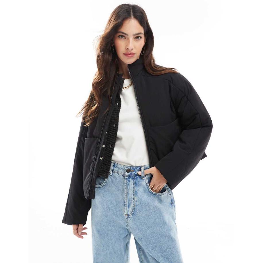 ASOS DESIGN Gewatteerd oversized jack met opstaande boord in zwart Zwart
