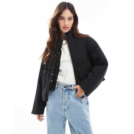 ASOS DESIGN Gewatteerd oversized jack met opstaande boord in zwart