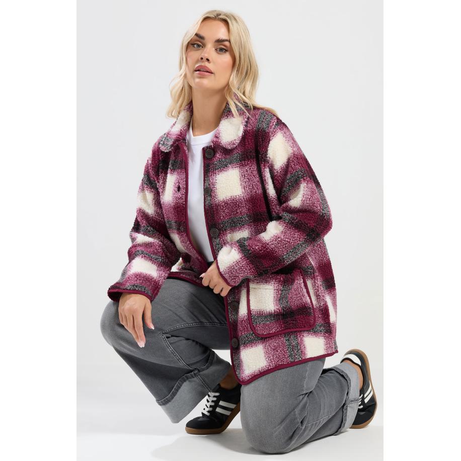 Yours Plus Size Burgundy Red Check Teddy Fleece Jacket Size 54-56 Rood