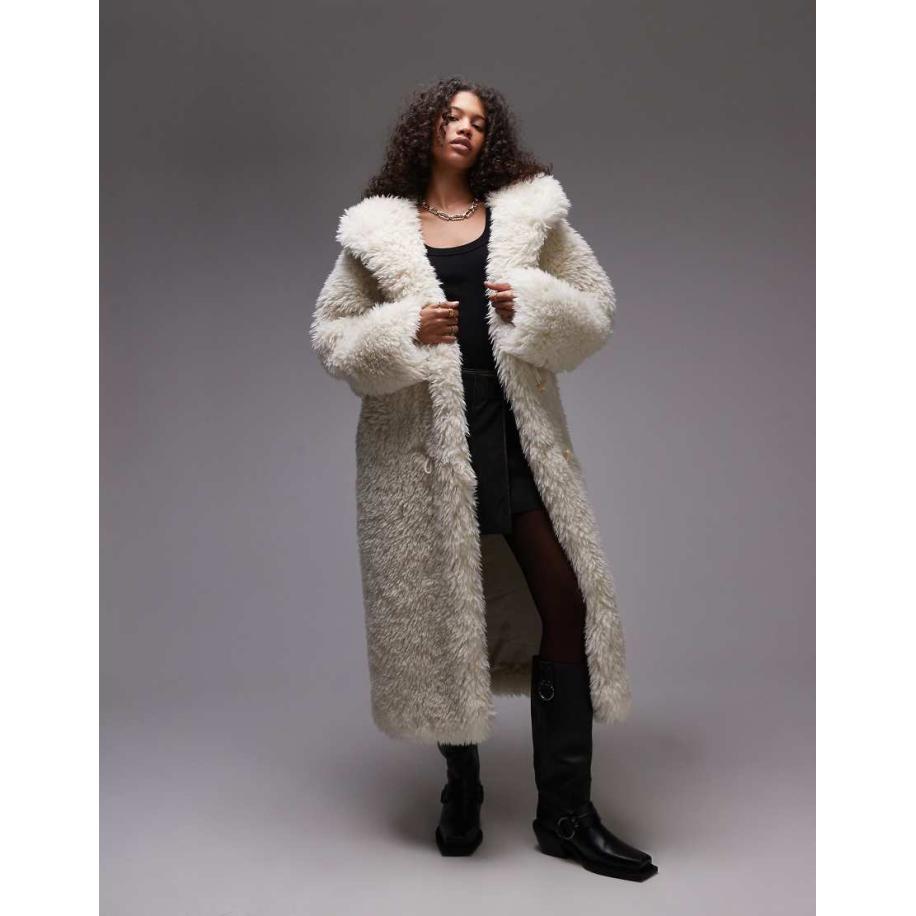 Topshop Lange duffeljas van imitatiebont met capuchon in crème-Bruin Bruin