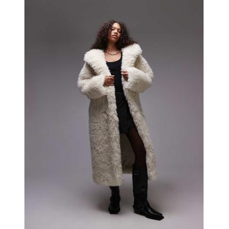 Topshop Lange duffeljas van imitatiebont met capuchon in crème-Bruin