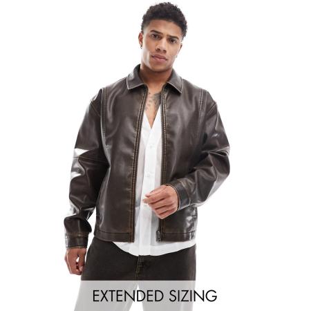 ASOS DESIGN - Oversized harrington jack van imitatieleer in bruin-Brown