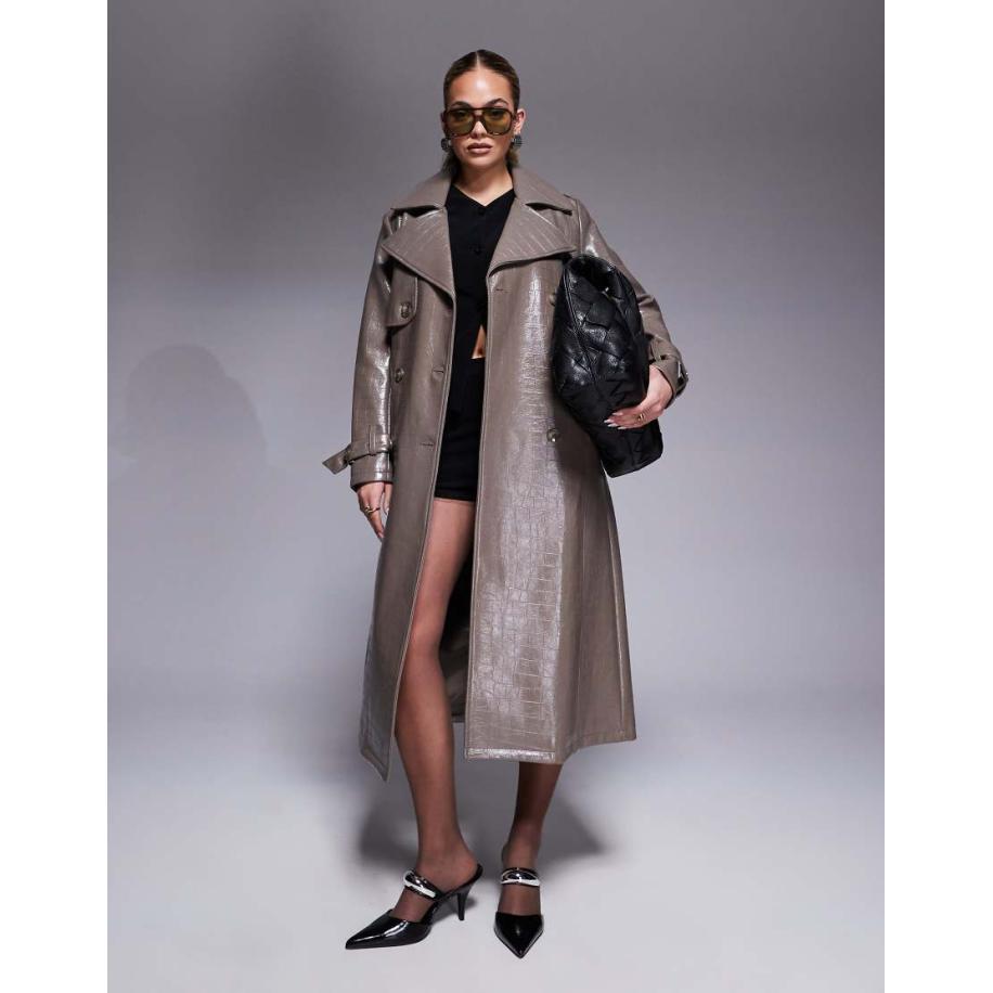 River Island Trenchcoat van imitatieleer met krokodillenmotief in donkerstone-Neutraal Multicolor