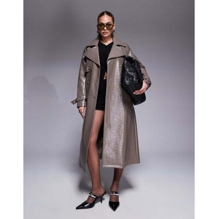 River Island Trenchcoat van imitatieleer met krokodillenmotief in donkerstone-Neutraal