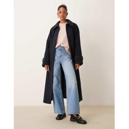 ASOS DESIGN Geborstelde nette jas met kraag en lange pasvorm in marineblauw