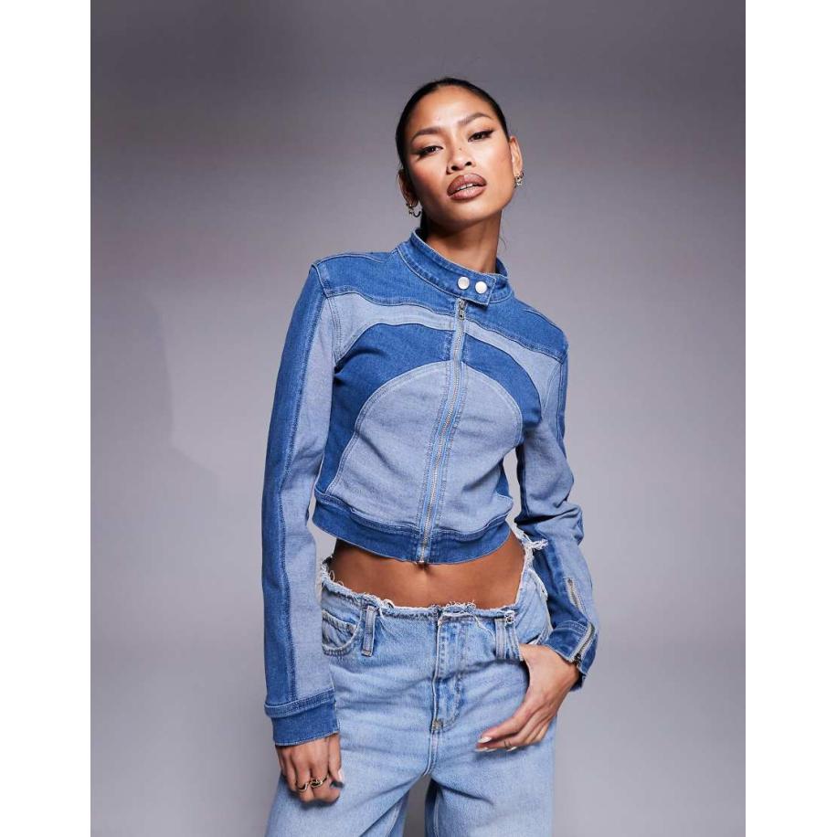 Liquor N Poker Bikerjack met contrasterende panelen en rits in lichtblauw en multi-Veelkleurig Multicolor