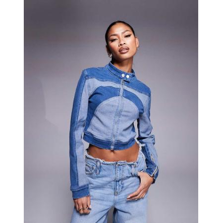 Liquor N Poker Bikerjack met contrasterende panelen en rits in lichtblauw en multi-Veelkleurig