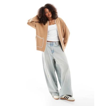 ASOS DESIGN Gebreide shacket met festonsteek in beige-Neutraal