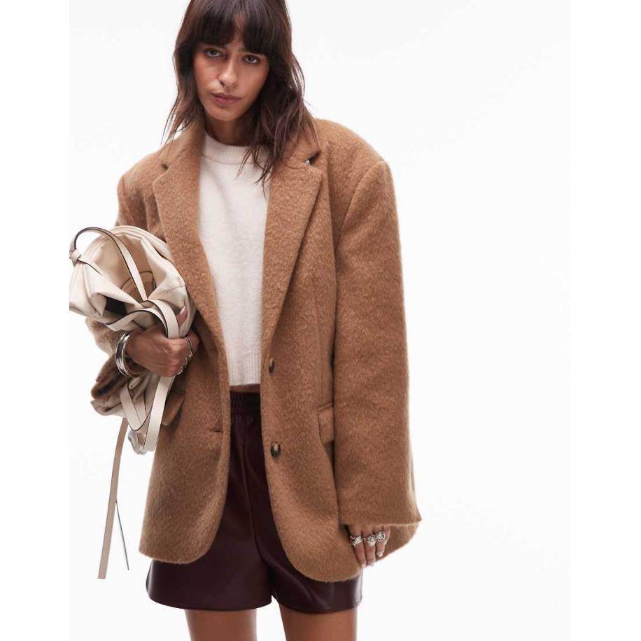 Topshop Blazerjas van geborstelde wolmix in geroosterde kokosnoot-Neutraal Multicolor