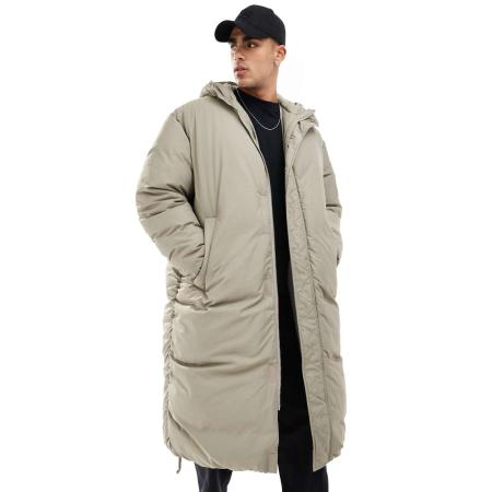 ASOS DESIGN - Oversized gewatteerd puffer Jack met capuchon en trekkoorden in beige-Neutraal
