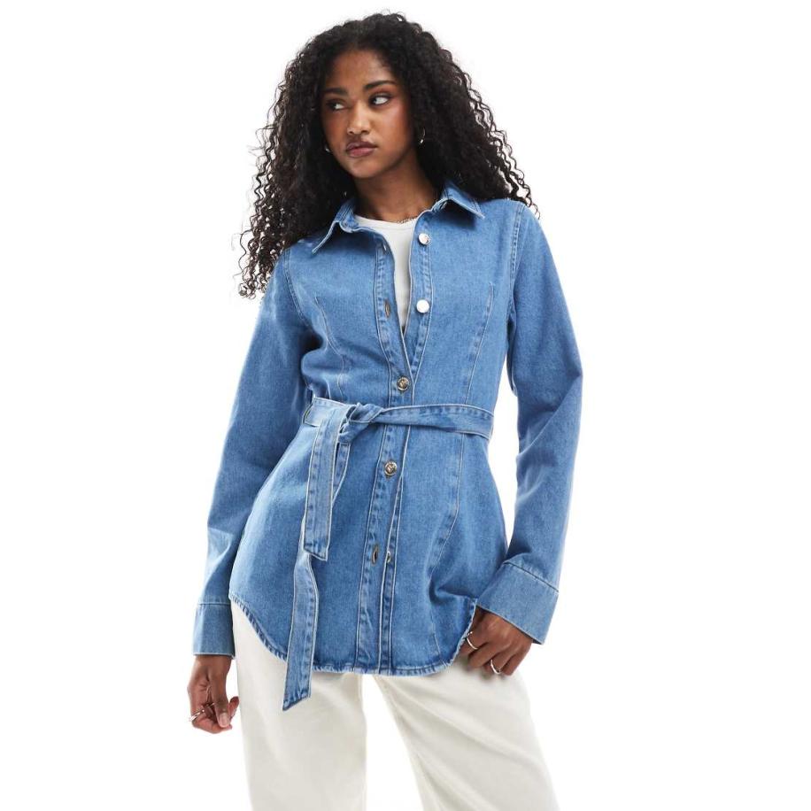 Miss Selfridge Denim jack met ingenomen taille en riem in mid-wash blauw Blauw