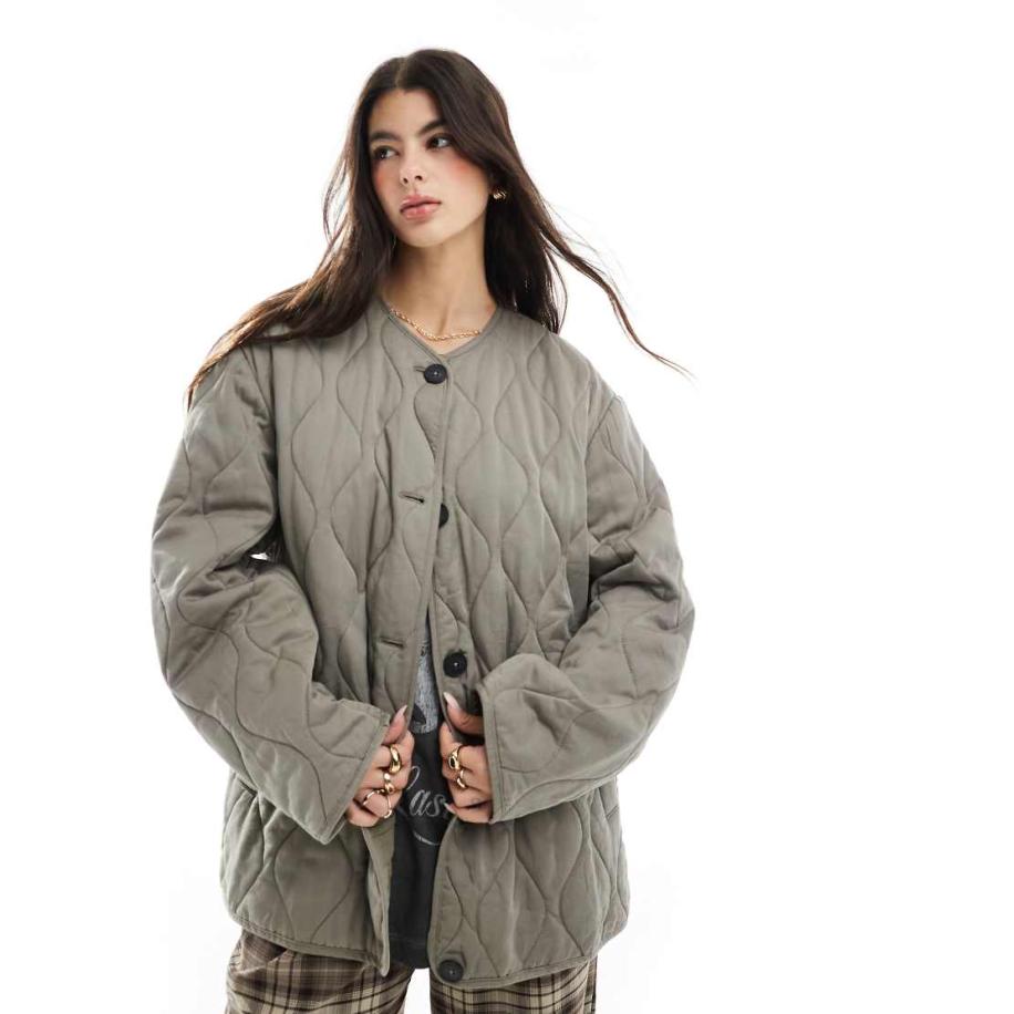 ASOS DESIGN Gewatteerd jack zonder kraag met zoom met split in kaki-Groen Groen