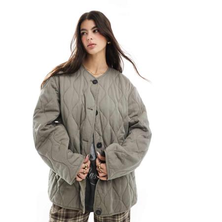 ASOS DESIGN Gewatteerd jack zonder kraag met zoom met split in kaki-Groen