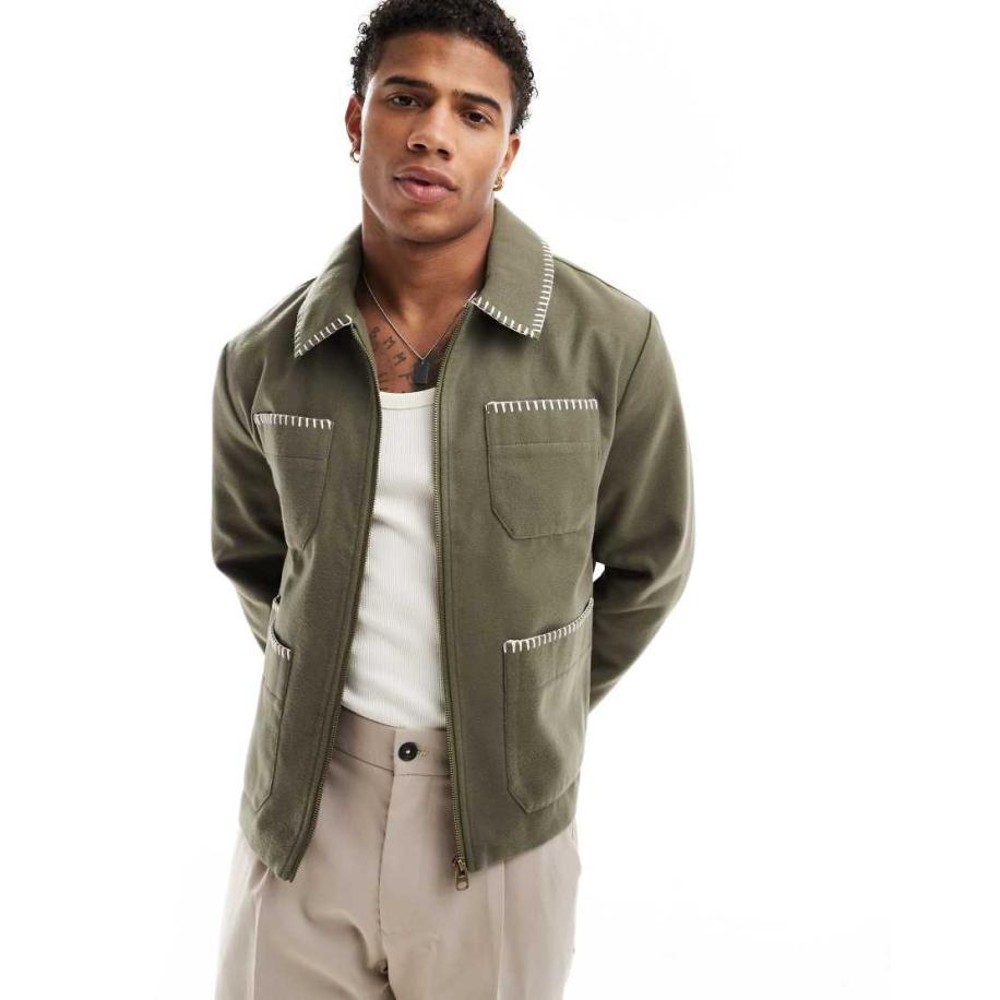 ASOS DESIGN - Harrington jack met wollook en festonsteek in kaki-Groen Groen