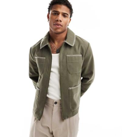 ASOS DESIGN - Harrington jack met wollook en festonsteek in kaki-Groen