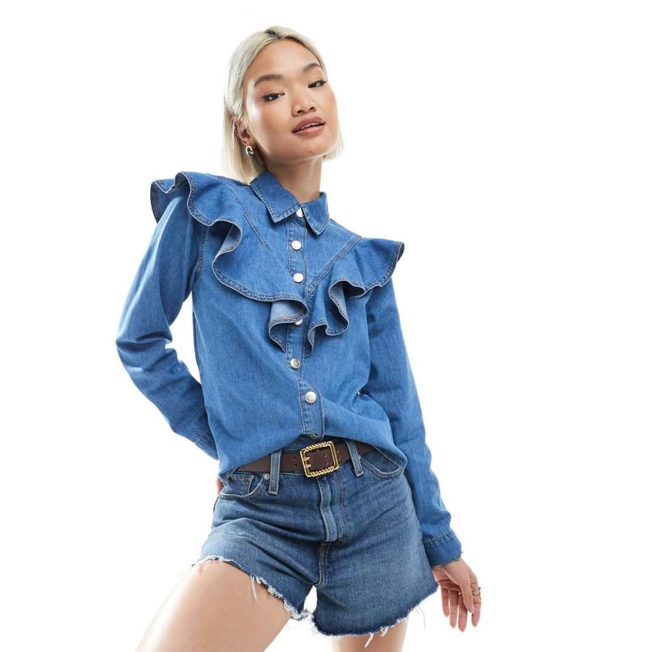 Miss Selfridge Chambray western jasje met ruches in mid wash-Blauw Blauw