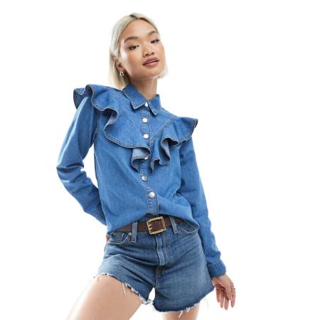 Miss Selfridge Chambray western jasje met ruches in mid wash-Blauw