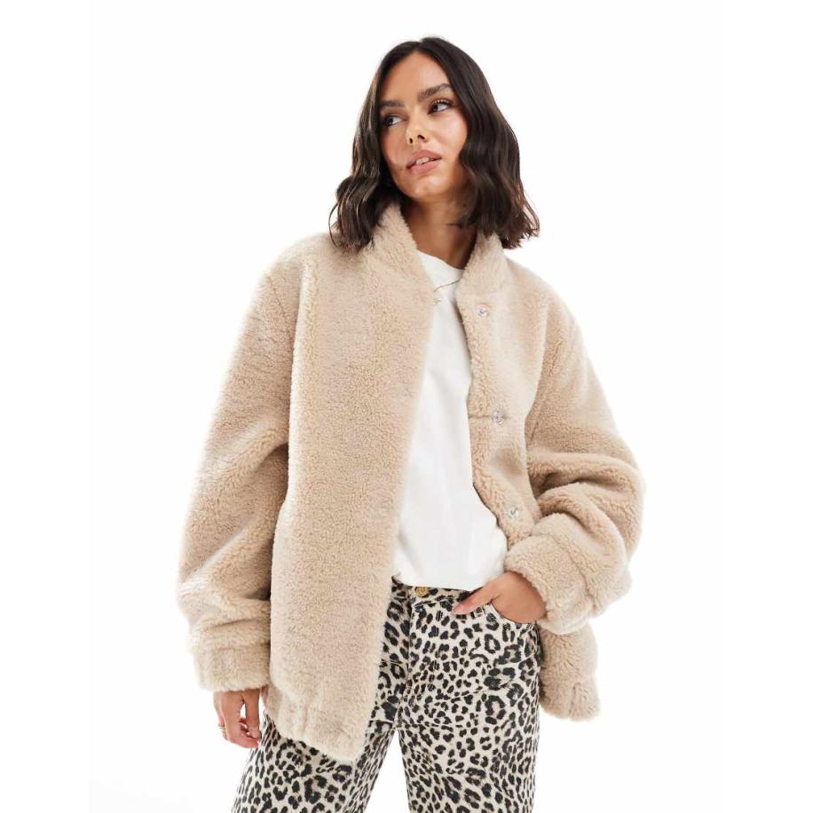 Miss Selfridge Oversized bomberjack van borg in stone-Wit Wit