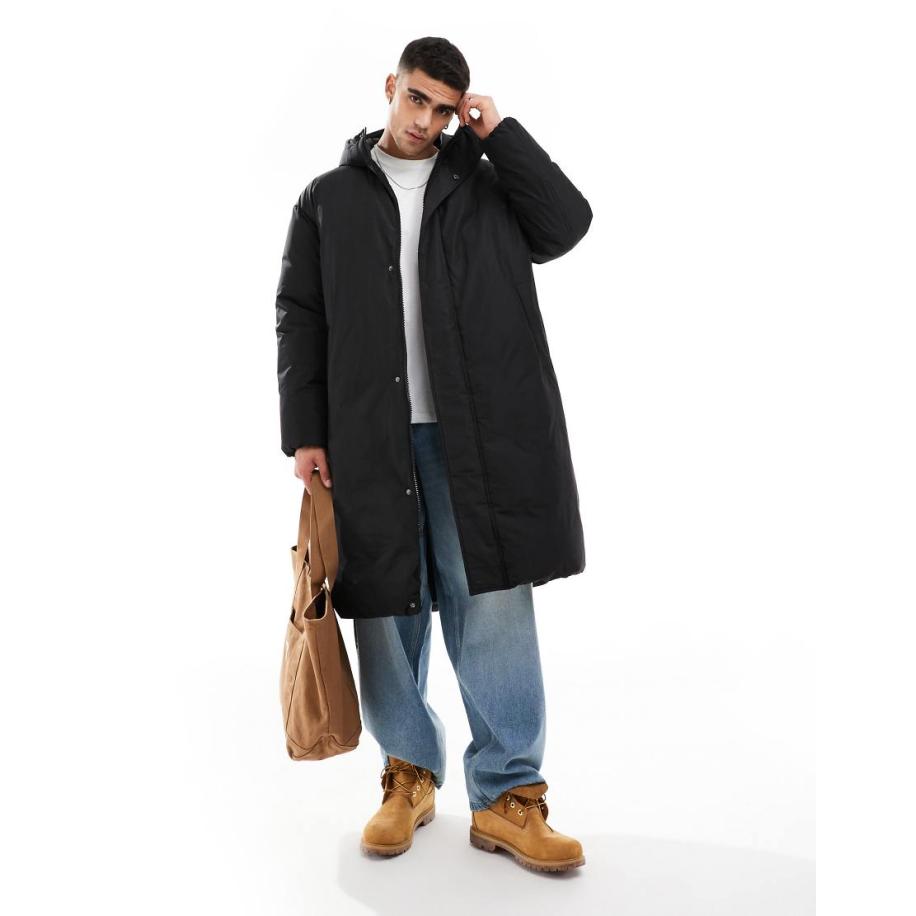 ASOS DESIGN oversized longline coat with hood in black-Zwart Zwart