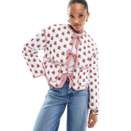 The Frolic Exclusives Gewatteerd omkeerbaar jack met striksluiting en bloemenprint in crème en rood-Veelkleurig