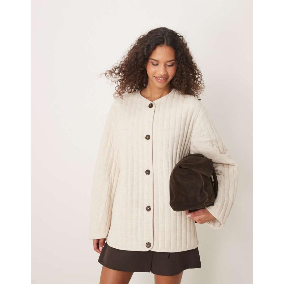 ASOS DESIGN Doorgestikt jack zonder kraag, met linnen en dolfijnzoom in lichtbeige-Neutraal Multicolor